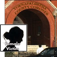 Entrance to the Yoknapatawpha County Coroner's Office with the label 'Female Victim'