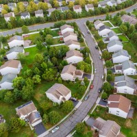 Aerial view of a neighborhood of single-family homes