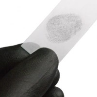 Gloved hand holding a slide with a fingerprint on it