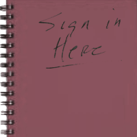 Photo of spiral-bound notebook with "Sign in here" written on the cover