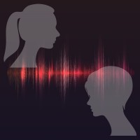 Silhouettes of two women with an audio wave between them