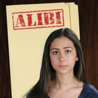 Teen girl with long dark hair in front of a manila folder stamped 'Alibi'