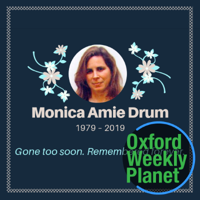 Funeral card for Monica Drum with the Oxford Weekly Planet logo overlaid in the bottom right corner