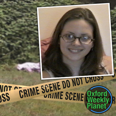 Crime scene tape in front of a covered body in a grassy location with a bespectacled brunette woman and the Oxford Weekly Planet logo in the foreground