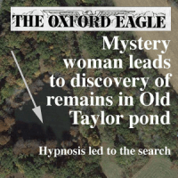 Satellite photo of a lake with the headline 'Mystery woman leads to discovery of remains in Old Taylor pond'