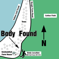 Map showing the location where body was found beside Reagle Farm Road