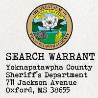 Seal of Yoknapatawpha County with the label 'Search Warrant'