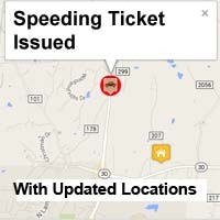 Excerpt of a map highlighting the location where a speeding ticket was issued