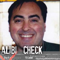 Smiling man with dark hair and eyebrows with the label "Alibi Check"