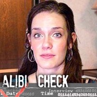 Woman with long dark hair with the label "Alibi Check"