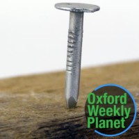 Flathead nail sticking out of a board with the Oxford Weekly Planet logo in the foreground