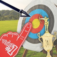arrow, foam finger, and a trophy in front of an archery target