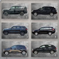 Photo collage of six dark-colored SUVs