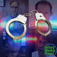 Handcuffs with police lights and an array of suspects in Wendy's murder in the background and the Oxford Weekly Planet logo in the foreground