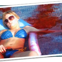 Girl in bikini lying on a raft in a pool with blood evident in the water