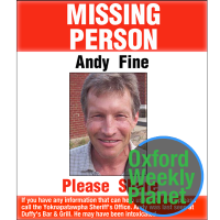 Missing poster for Andy Fine with the Oxford Weekly Planet logo in the foreground