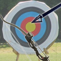 arrow and compound bow in front of an archery target