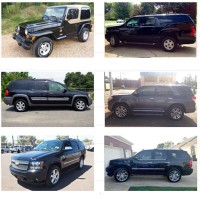 Photo collage of six dark-colored SUVs