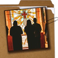 File folder with a photo of parishioners in silhouette in front of a stained glass window