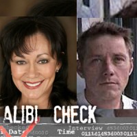 Smiling woman with dark hair and a serious-looking clean cut man with the label "Alibi Check"