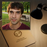 Man with dark hair and eyebrows in front of a manila folder stamped "Alibi"