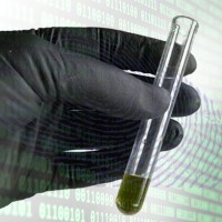 Gloved hand holding a test tube with a fingerprint and binary code in the background
