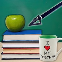 apple, stack of books, teacher's mug and arrow in front of a chalkboard
