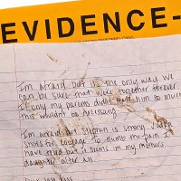 Handwritten message with a manilla envelope marked 'Evidence' in the background