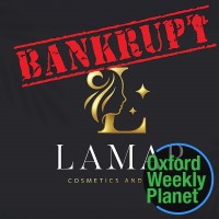 Lamar Cosmetics logo covered by a Bankruptcy stamp with the Oxford Weekly Planet logo in the foreground