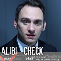 Handsome businessman in an office setting labeled "Alibi Check"