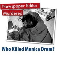 Black-and-white photo of a woman dead in a pool of blood