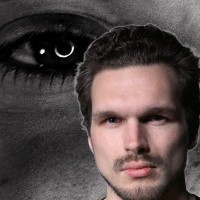 Man with dark hair and facial hair with a closeup of a human eye in the background