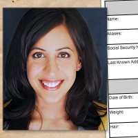 Smiling woman with long dark hair with a criminal history form in the background
