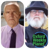 Bruno Coleman and Philip Fontaine with the Oxford Weekly Planet logo in the foreground