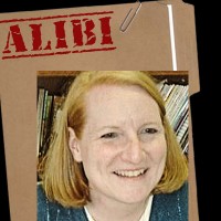 Smiling woman with a strawberry-blonde bob haircut in front of a manila folder stamped "Alibi"