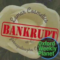 Lamar Cosmetics logo covered by a Bankruptcy stamp with the Oxford Weekly Planet logo in the foreground