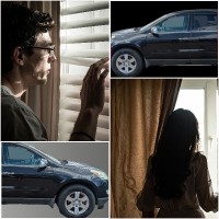 Collage of dark SUVs and people looking out windows