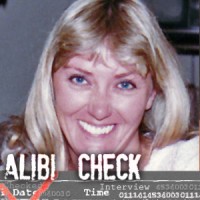 Broadly smiling woman with platinum blonde hair with the label "Alibi Check"