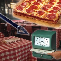 Square pizza, a timeclock and an arrow with an Italian restaurant in the background