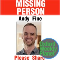 Missing poster for Andy Fine with the Oxford Weekly Planet logo in the foreground