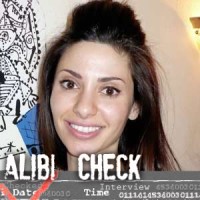 Smiling young woman with long dark hair with the label "Alibi Check"