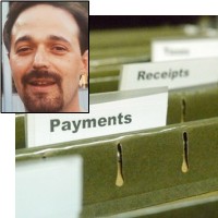 Hanging files with finance-related labels with an inset of a man with dark hair, mustache, and goatee