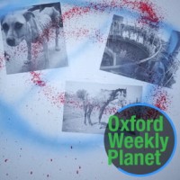 Graffiti spray-painted over photos of abused animals with the Oxford Weekly Planet logo in the foreground