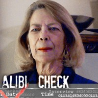 Fashionable older woman with blonde hair with the label "Alibi Check"