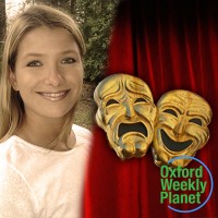 Smiling blonde woman alongside comedy and tragedy theater masks with the Oxford Weekly Planet logo in the foreground