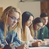 Four students working at a table