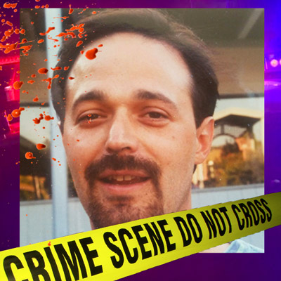 Man with dark hair, mustache, and goatee with crime scene tape and blood spatter in the foreground