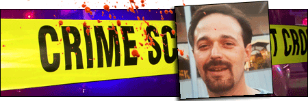 Man with dark hair, mustache, and goatee with blood-spattered crime scene tape in the background