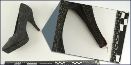 Gray sparkly stiletto heeled shoe with an inset focusing on hair and reddish residue on the heel