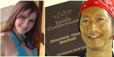 Smiling woman in an evening gown alongside a smiling man in a red bandana with a fancy chocolate box in the background